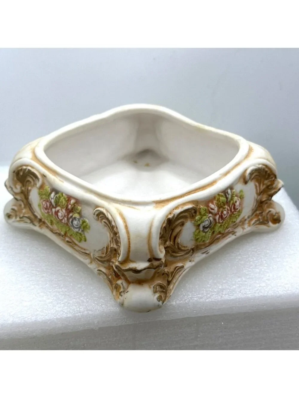 Vintage Porcelain Trinket Box Floral Lidded Footed Bisque Italian Style FLAWED